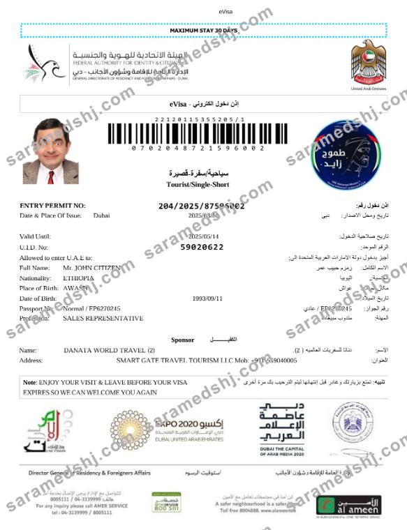 UAE e-visa template in Word and PDF formats, version 5
